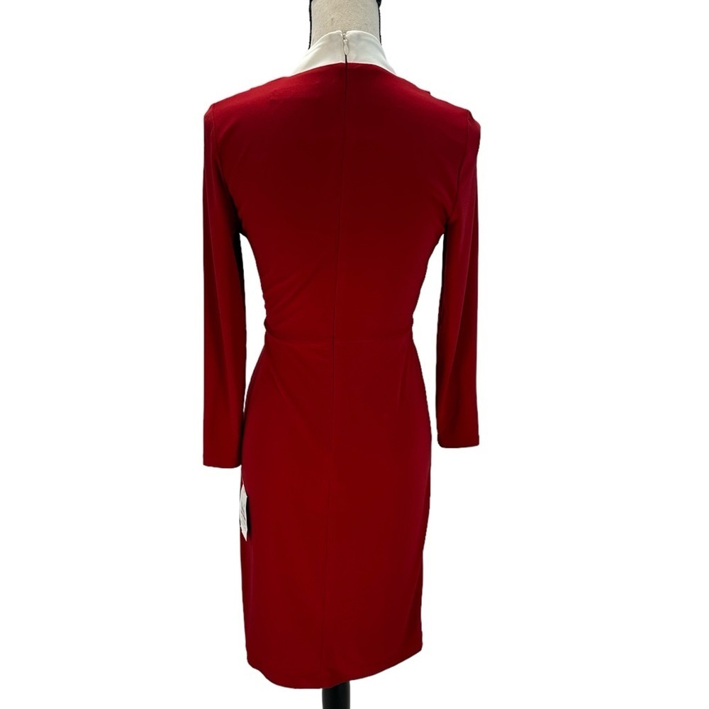 Kasper Long Sleeve V-Neck Faux Wrap Midi Dress - Red Cream - Picture 4 of 13